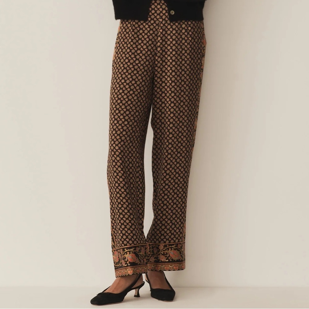 Doen Carlotta Silk Straight Leg Baggy Pants Trousers Beauvoir Paisley Scarf